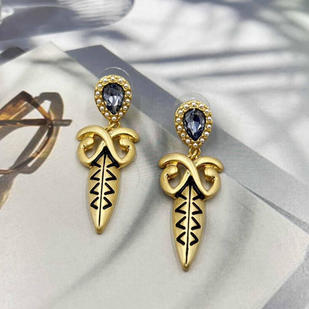 黄铜仿水晶耳饰 中古首饰vintage镀18K金JYed0120复古长款气质