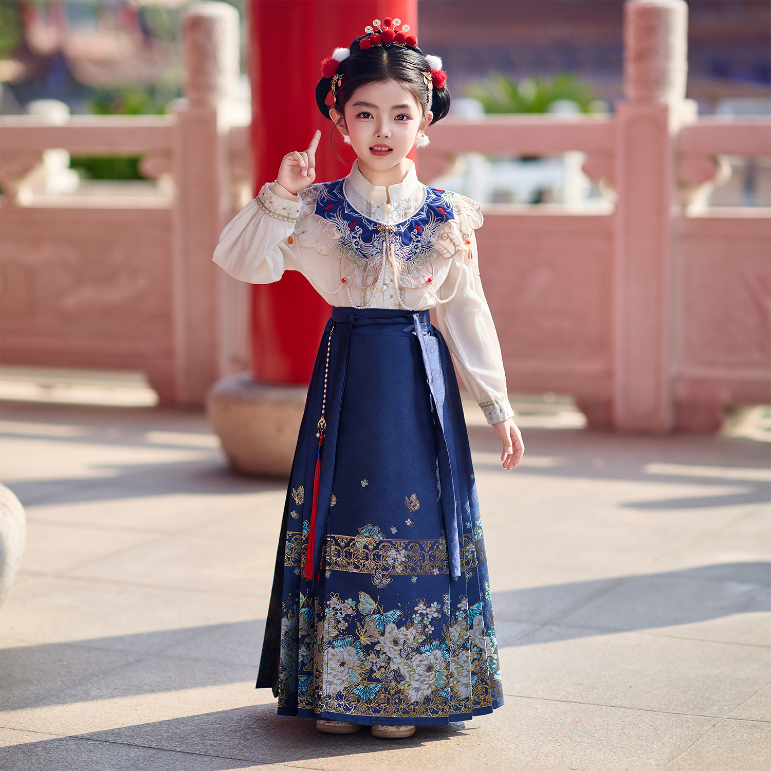 槿木缘【蝶恋花.蓝色】女童马面裙织锦款中式儿童汉服秋季唐装古风