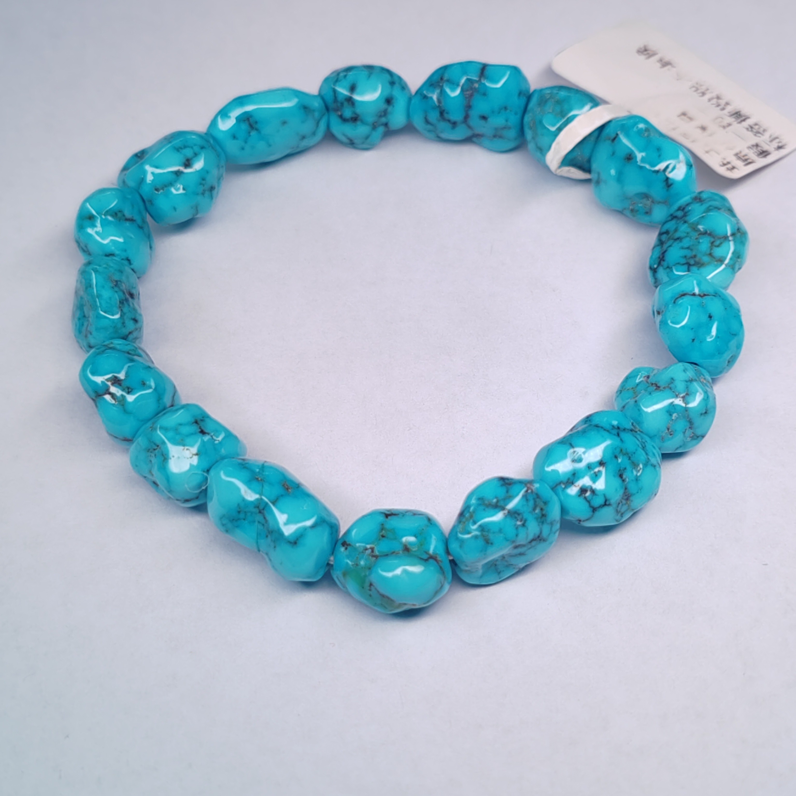 原矿高瓷蓝绿松石随型手串，云盖寺瓷釉级，珠型圆润线纹漂亮