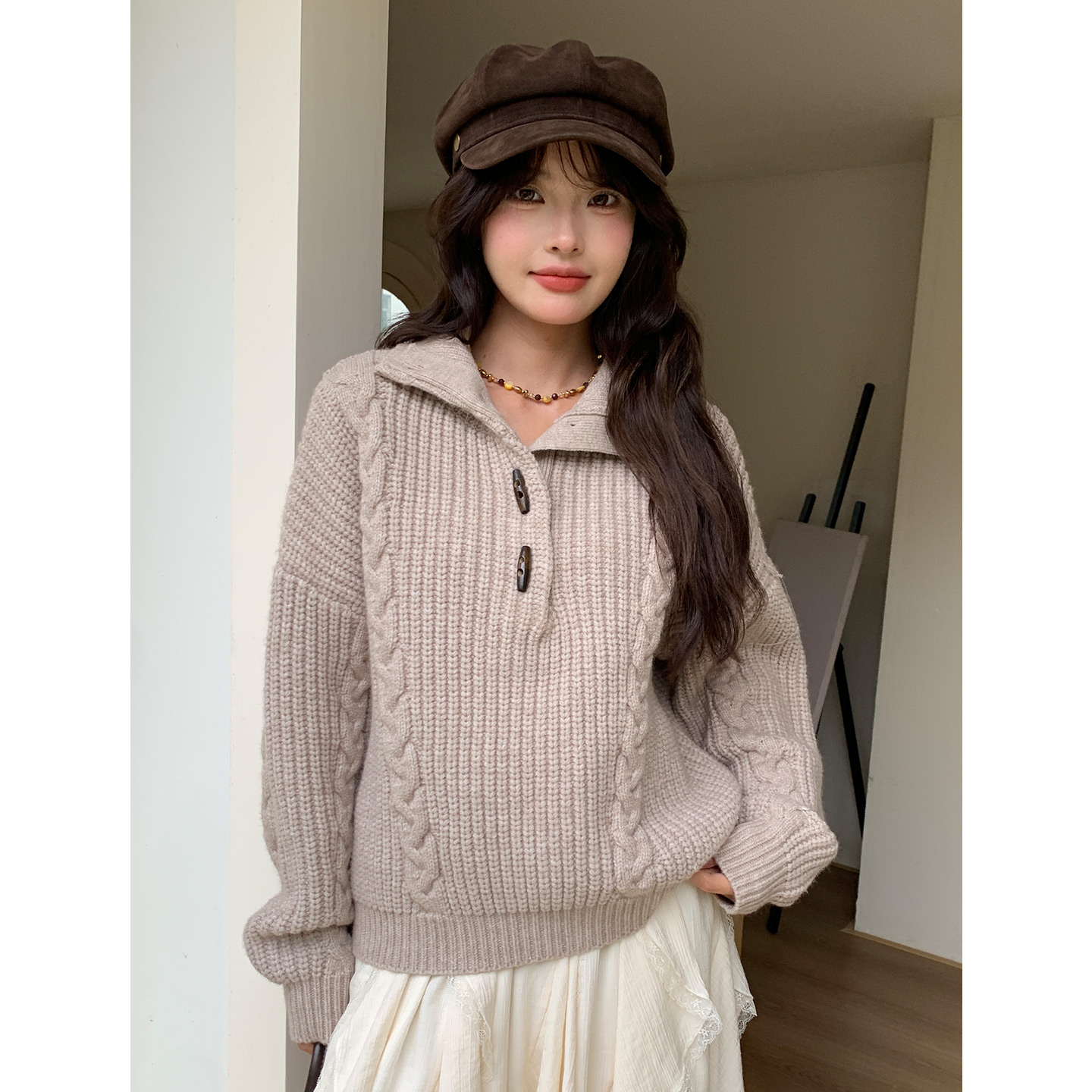 秋冬780G加厚半开领毛衣女长袖针织时尚宽松慵懒风针织衫上衣