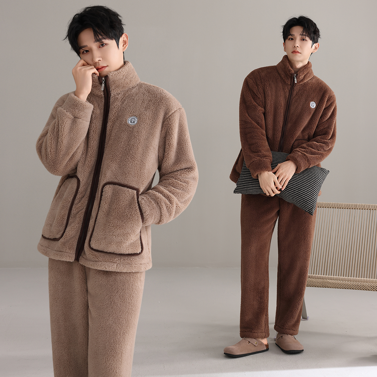 冬季款男士轻奢睡衣加绒加厚珊瑚绒休闲立领保暖套装家居服可外穿