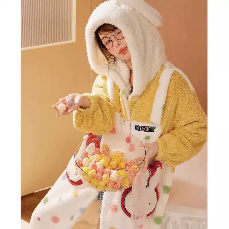 【米菲兔】冬款睡袍带袖子毛绒睡衣加厚睡衣可外穿甜美可爱宽松显瘦