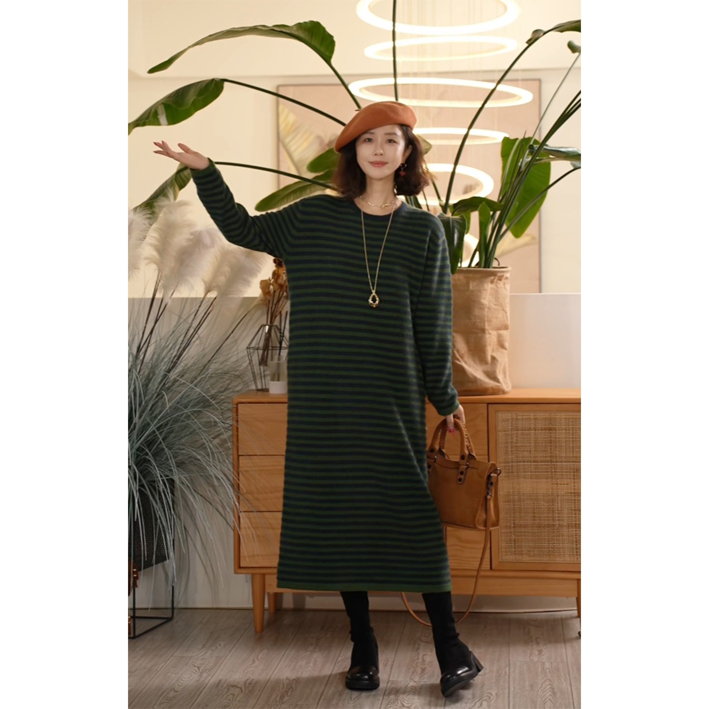 Y【叭哒不惑】山野栀子 山羊绒圆领简约条纹针织长裙女宽松裙子