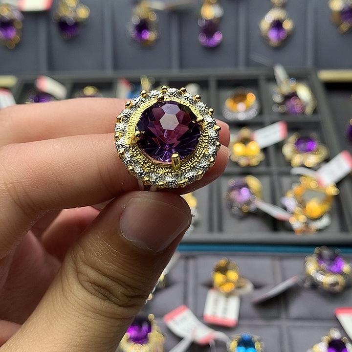 银S925镀金镶嵌戒指水晶