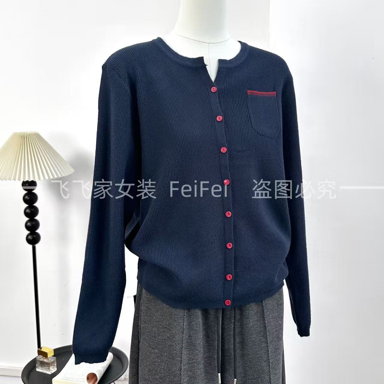 飞飞家~小口袋外套！！真口袋真开衫~撞色设计剪刀领#针织衫Y8476