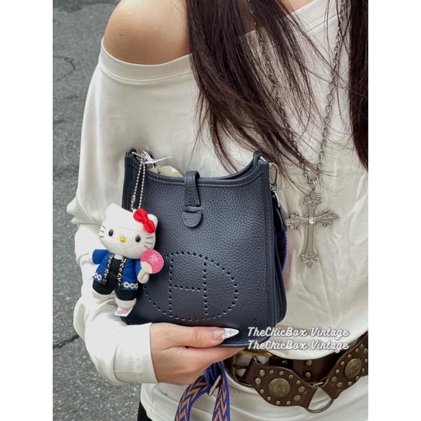 99新 Hermes/爱马仕 只盒/Hermes Mini Evelyne午夜蓝z刻单肩包