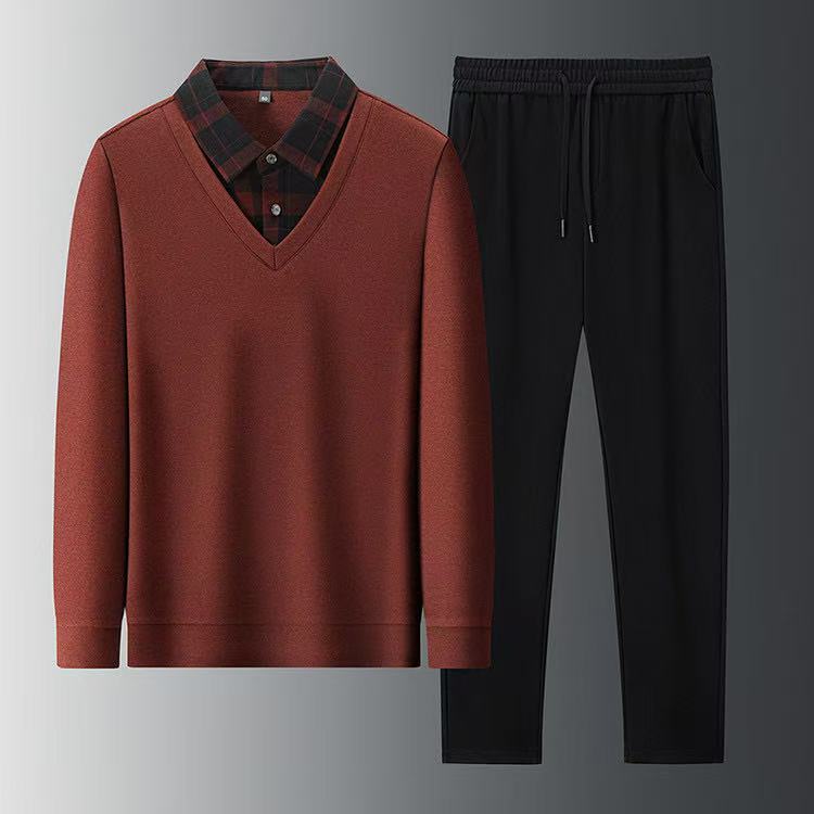 新款时尚休闲中老年男装中老年爸爸套装长袖春秋假两件