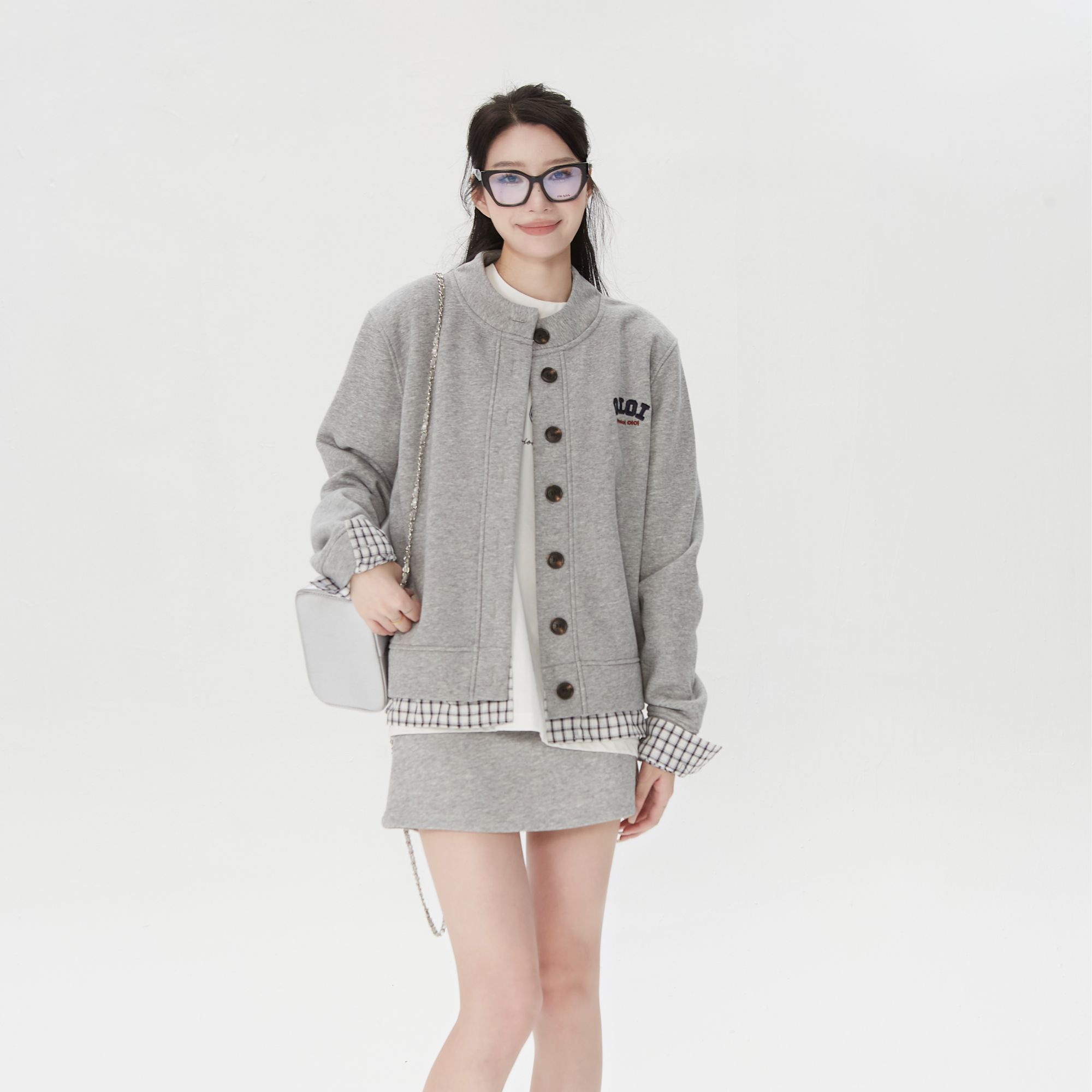 byo!oi OIOI【琥珀甜酷风】学院风假两件拼接格休闲显瘦开衫外套