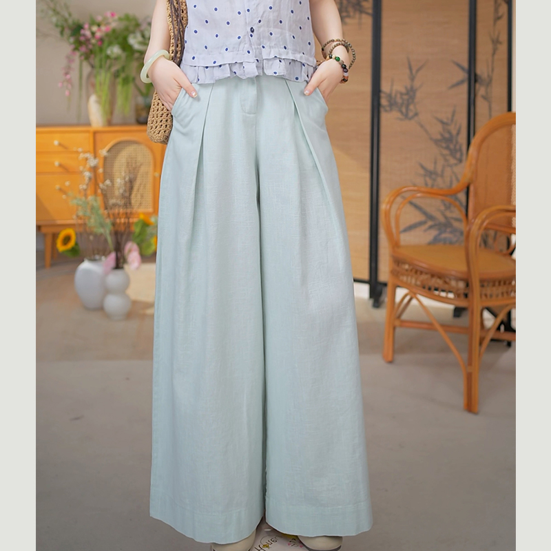 苎麻-夏季设计感时尚拼接百搭休闲裤高腰宽松直筒阔腿裤-W1675
