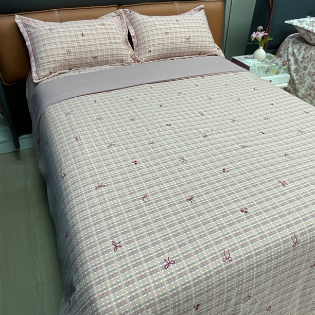 皱皱纱四件套（粉咖蝴蝶结）床品套件四季通用印花