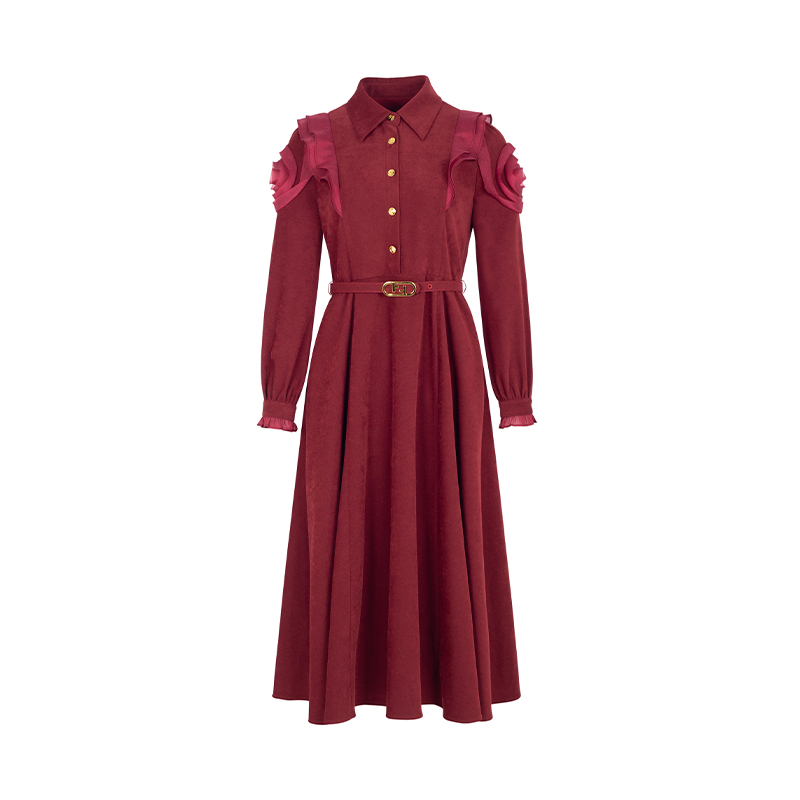 NCM女装2024冬季新款连衣裙立体盘花显瘦气质轻奢收腰连衣裙34065