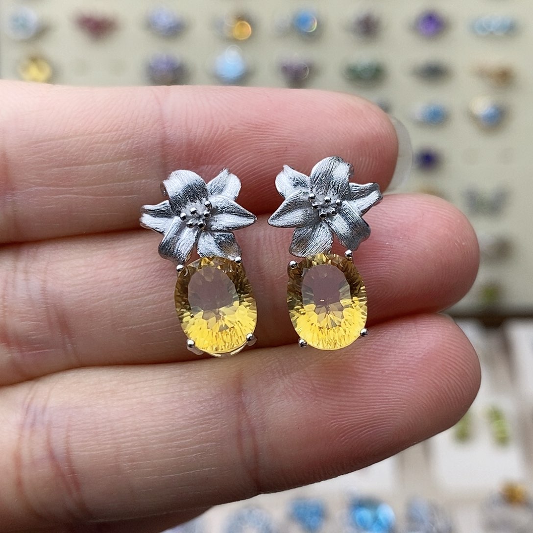 黄晶耳钉银S925镶嵌一物一证