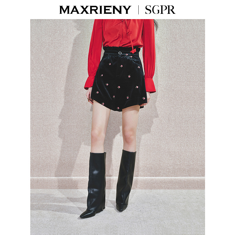 【林一专属】MAXRIENY25秋冬裤子高腰A字荷叶边显瘦丝绒百搭短裤