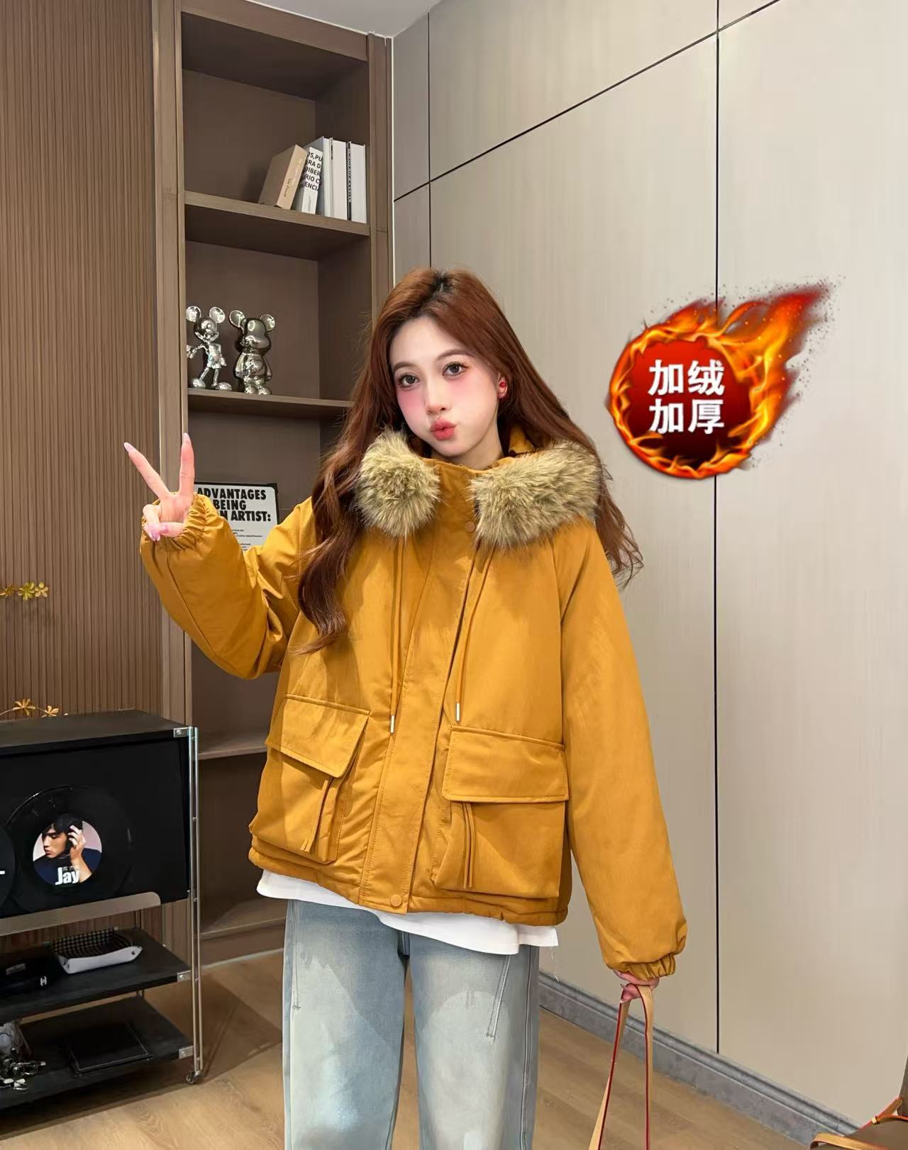 【雪域精灵】2025冬季新款设计感加绒连帽大毛领风衣外套（毛领可拆）