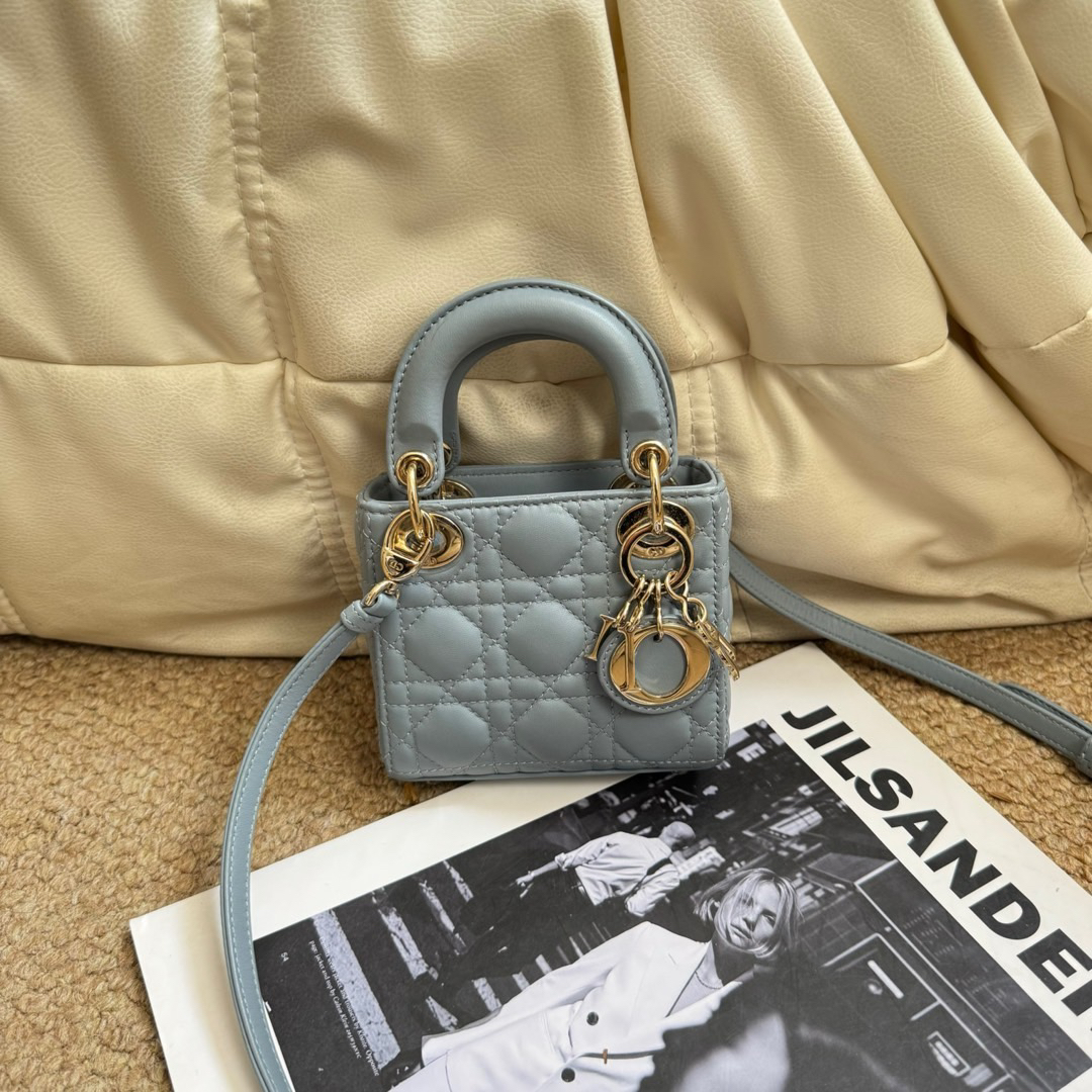 95新 DIOR/迪奥 fl66雾霾蓝 羊皮 三格戴妃mini 667734405