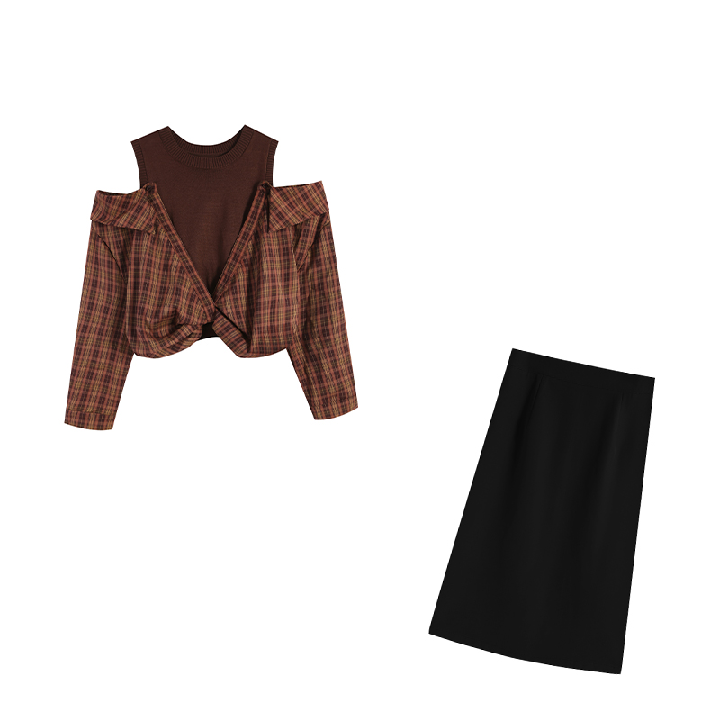 浅咖色/深咖色上衣ZL110179+ZL36493黑色长半裙