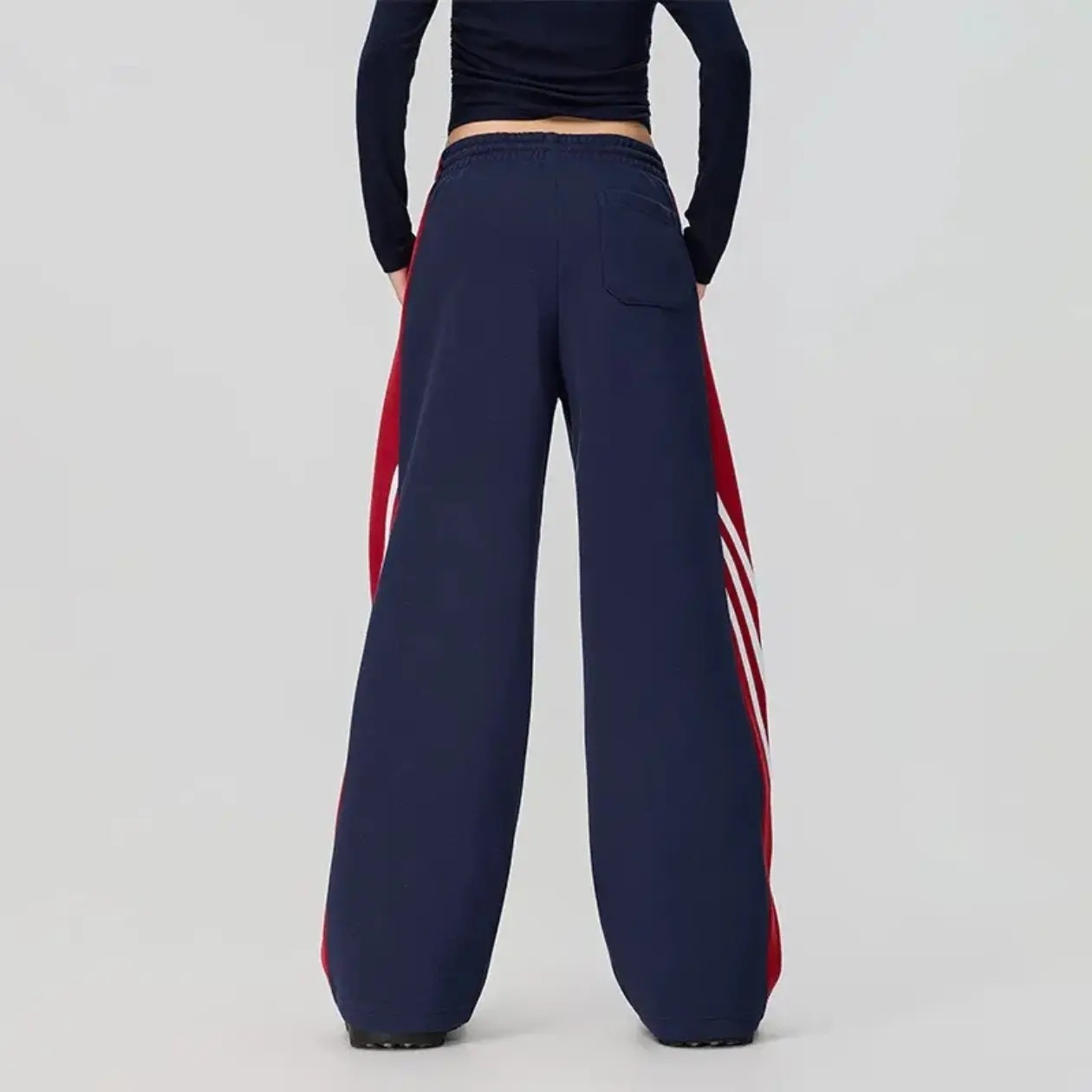 女款美式条纹加绒直筒裤宽松撞色中腰休闲裤子