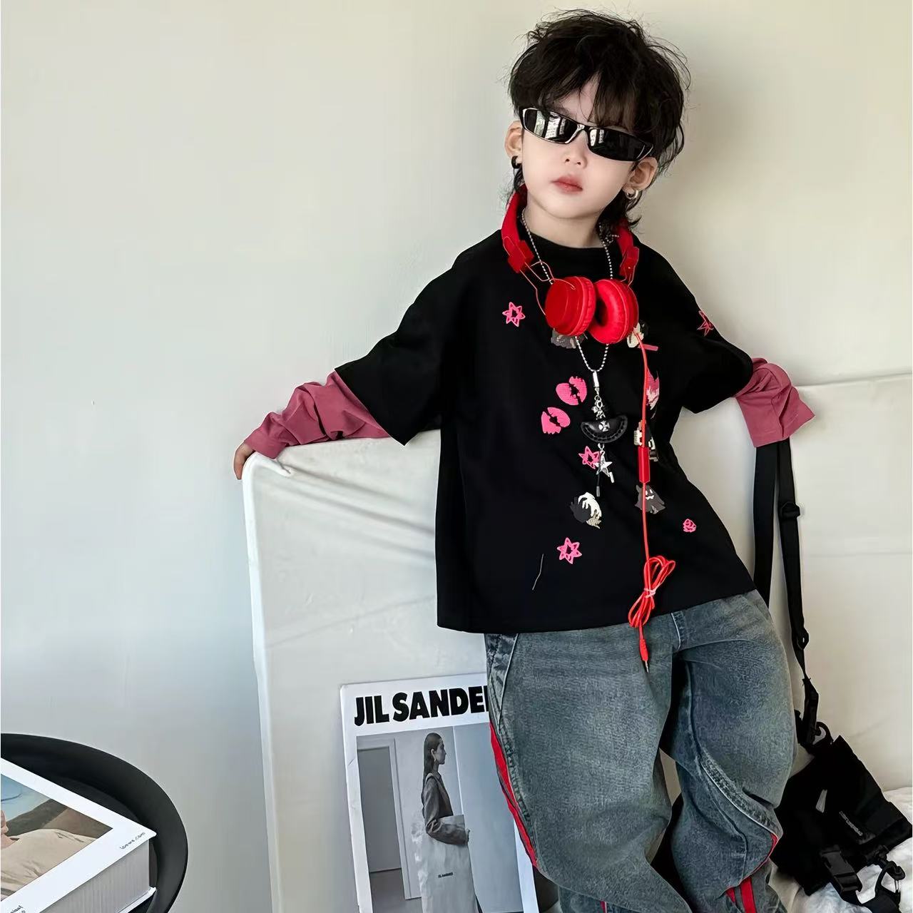 儿童男童服装洋气假两件长袖T恤儿童洋气秋装休闲拼袖上衣韩版