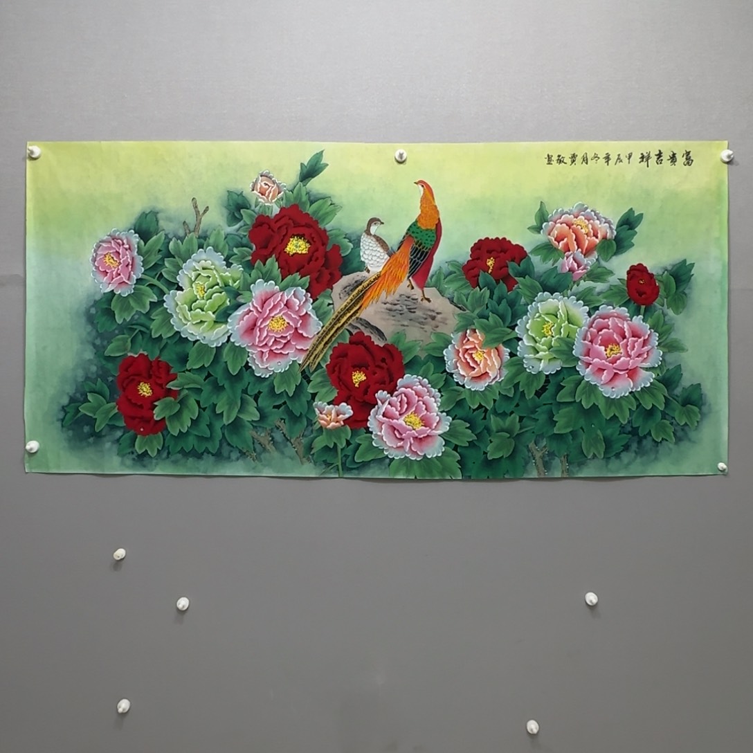 国画横幅六尺精品工笔牡丹贾敏