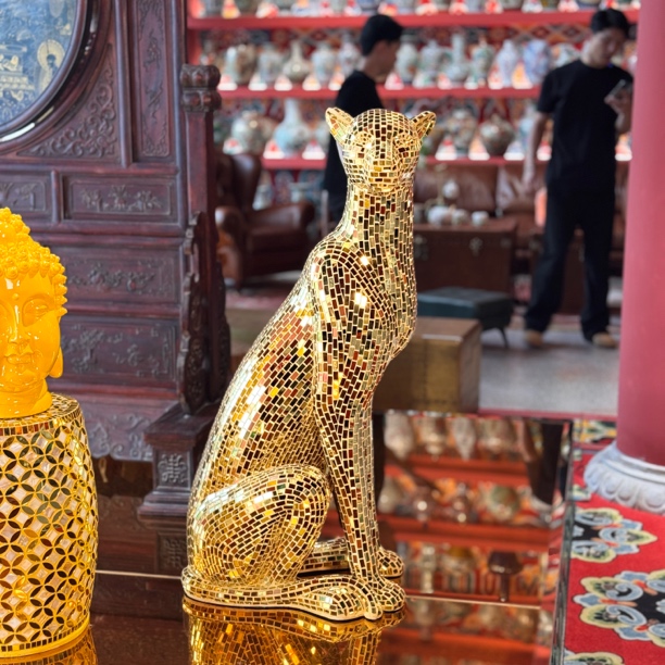 【618专属】一米高玻璃钢马赛克金色豹子摆件