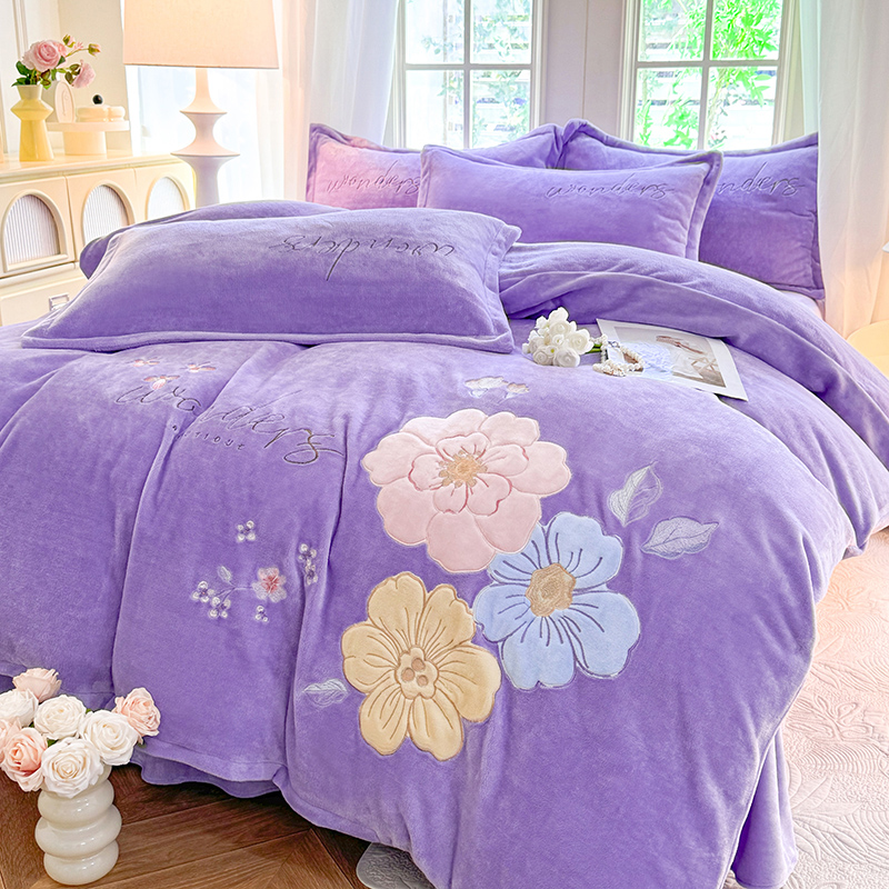 【梦境紫】加厚贴布绣花绒四件套牛奶绒被套柔软被罩床单【梦境紫】