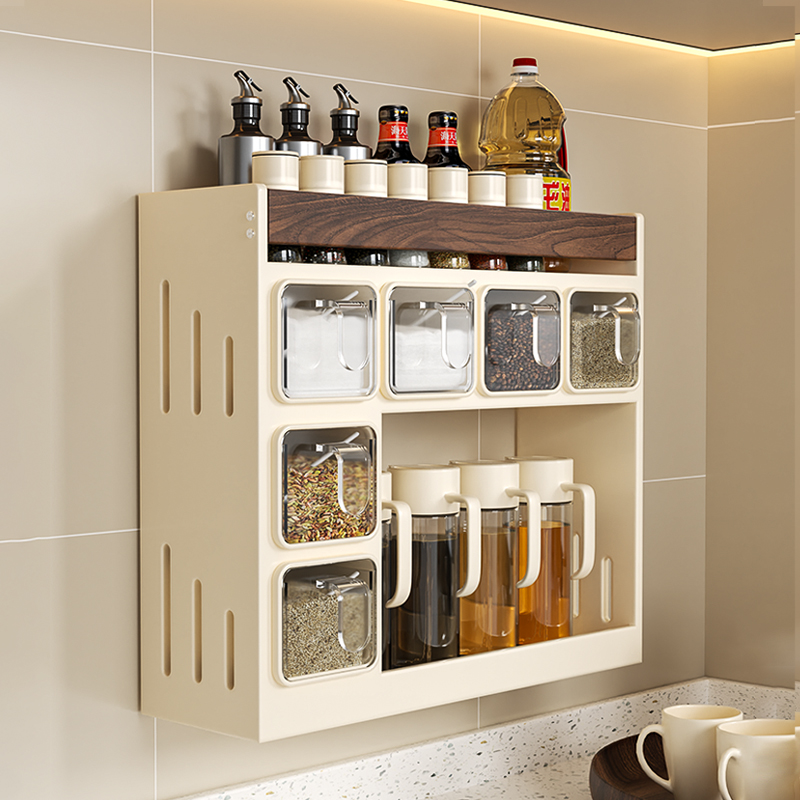 胡桃木厨房置物架奶油风壁挂式免打孔调味料调料品卫生间毛巾架