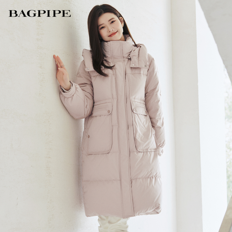 风笛2025冬季新款中长款连帽宽松90鹅绒羽绒服女款女休闲保暖外套