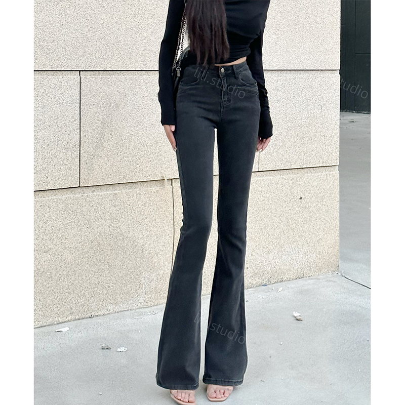 烟灰色高腰微喇牛仔裤女2025秋季新款弹力修身提臀显瘦喇叭长裤