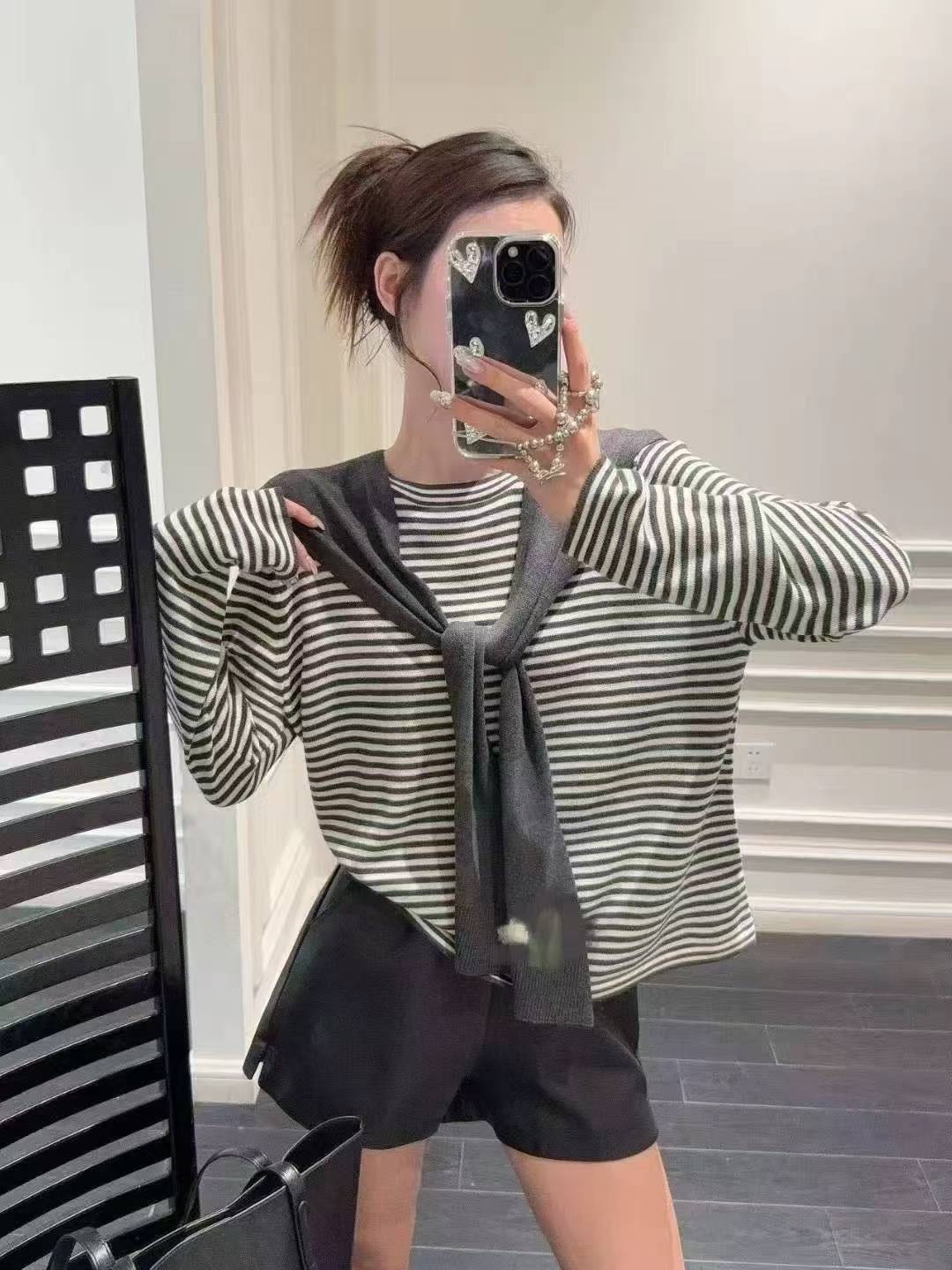 针织条纹常规袖毛针织衫秋季少女风树脂固色常规