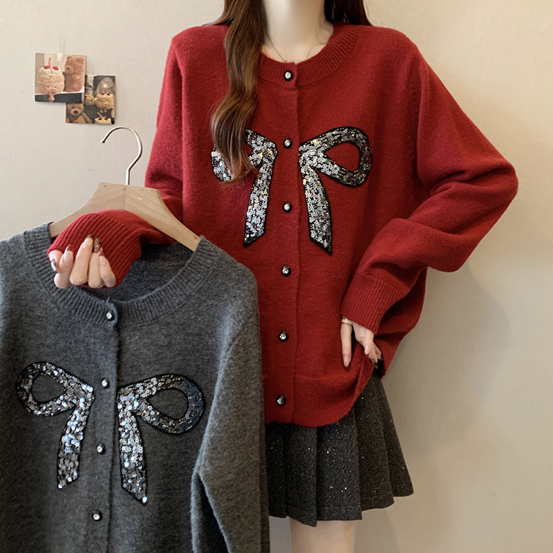 【现货】新款胖mm大码露丝同款亮片蝴蝶结装饰加厚毛织上衣71837