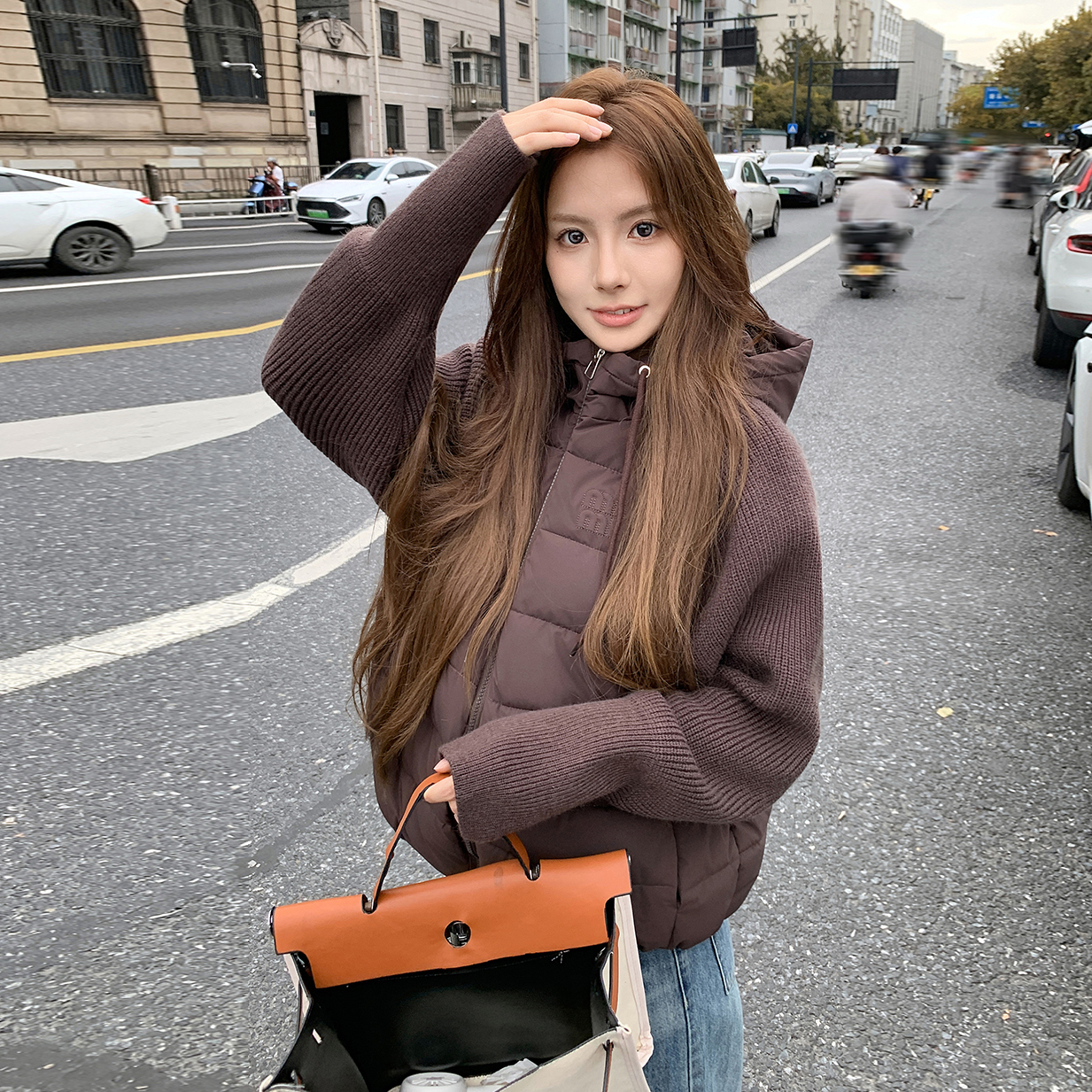 轻薄针织毛衣袖拼接棉服女短款2025年冬季新款小个子连帽棉袄外套