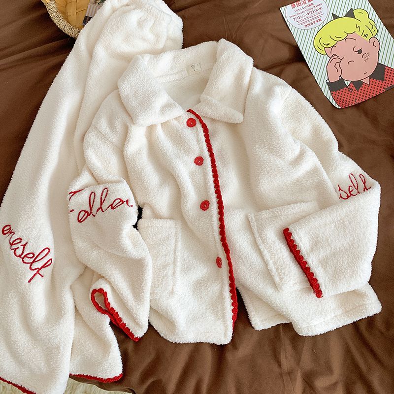 甜美简约半边绒睡衣女秋冬加厚保暖软绵绵高级感家居服套装可外穿