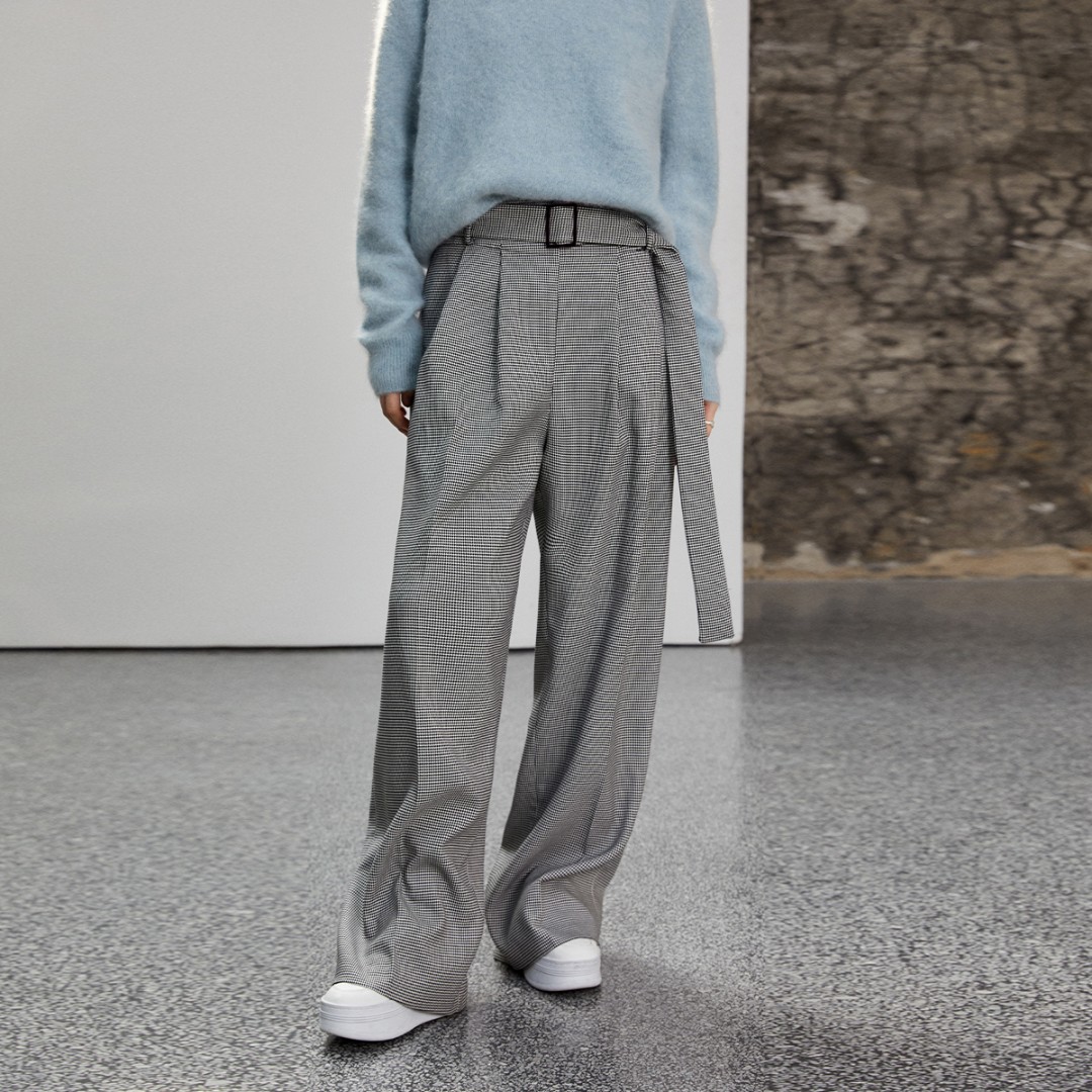 JGGU黑标系列高克重千鸟格阔腿裤女高腰直筒休闲裤JGTM202209002