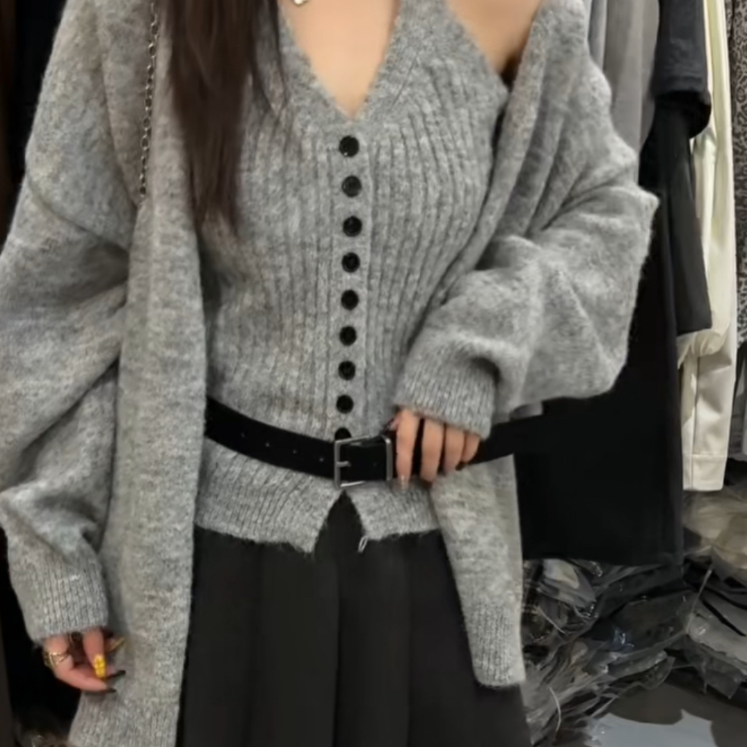 长袖宽松厚款毛针织衫加厚时尚长款纯色针织套头款