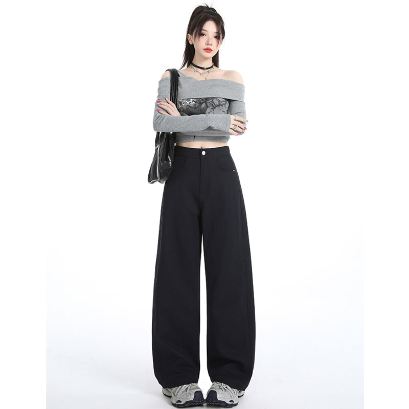藏青色高腰阔腿休闲裤女2025年早秋新款宽松显瘦时尚百搭弯刀裤子