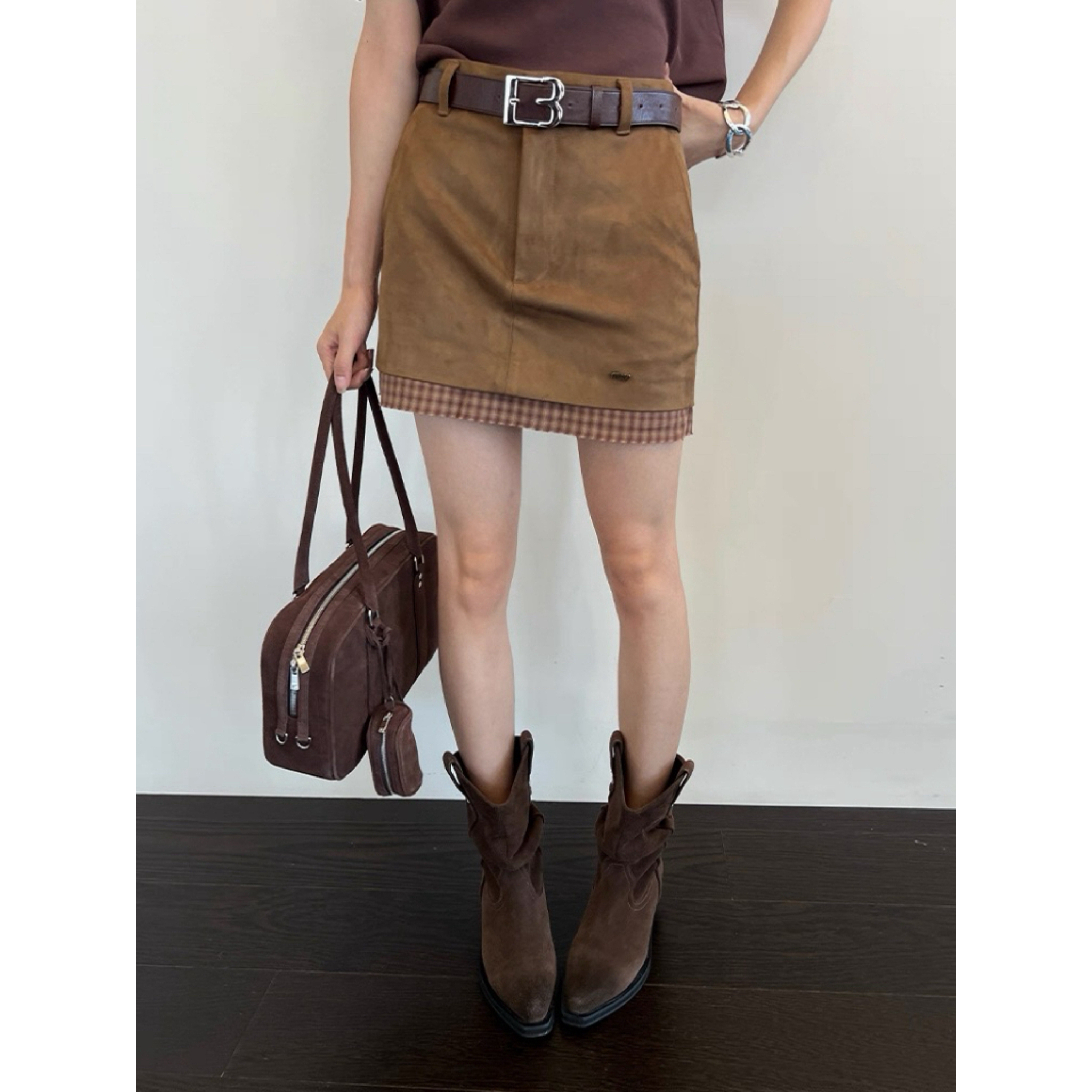 ANNENONO  25秋冬时尚羊毛拼接格纹半裙短裙女———黑鸭子