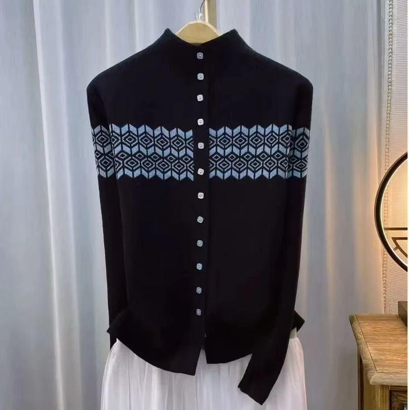 【韩系时尚设计感立领】提花撞色针织开衫秋冬新款修身显瘦百搭上衣