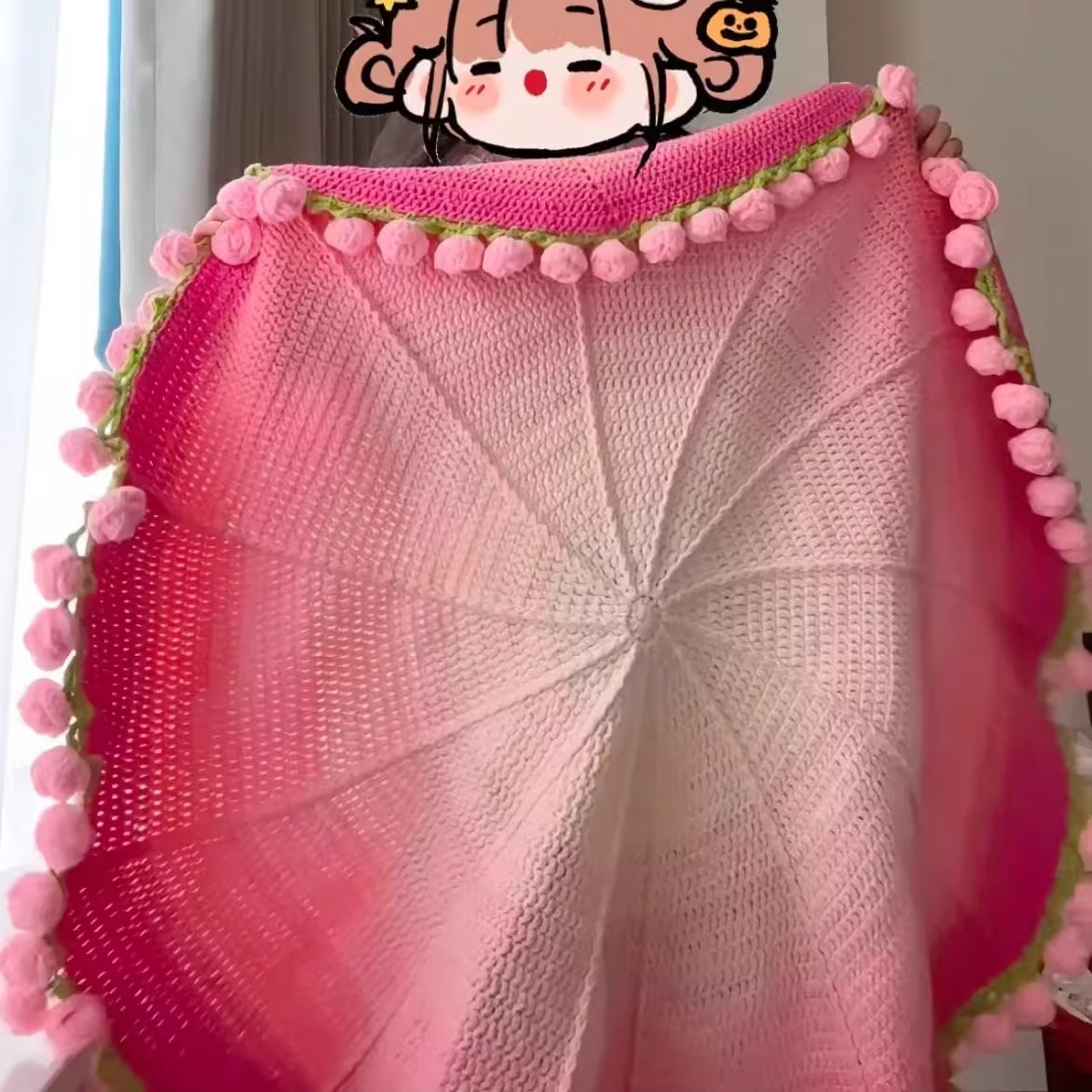 渐变粉色玫瑰花束毯子手工编织diy圆形花毯子适合送情侣家人礼物