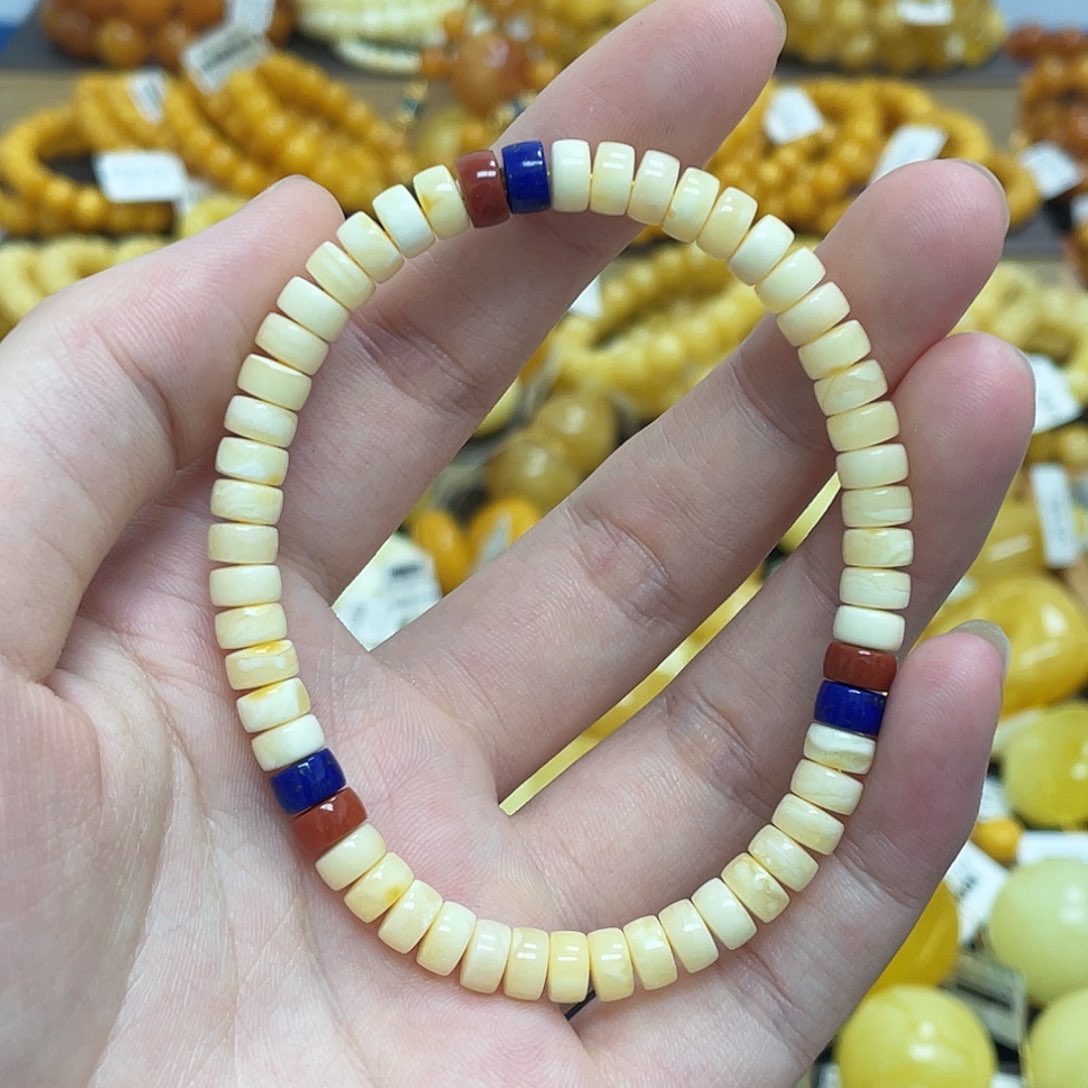 蜜蜡未镶嵌珠宝奇石白蜡药片手串6mm瑕