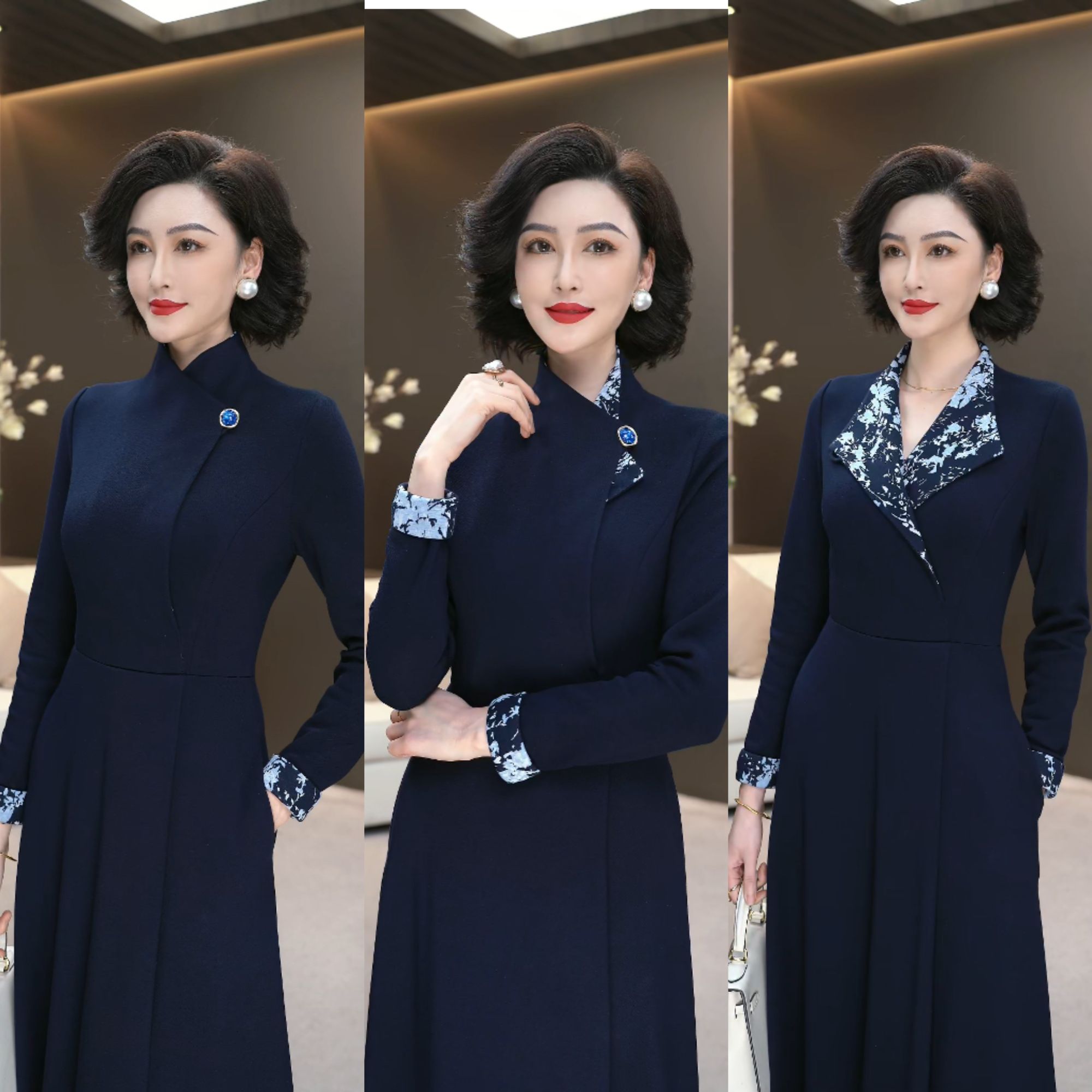 2025秋冬高奢藏蓝色拼色弹力超柔一体绒软保暖加绒连衣裙WF3333R