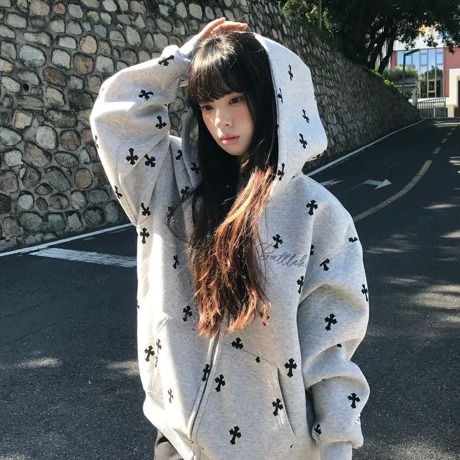 美式复古印花十字连帽卫衣开衫外套秋季新款宽松潮牌情侣款上衣服