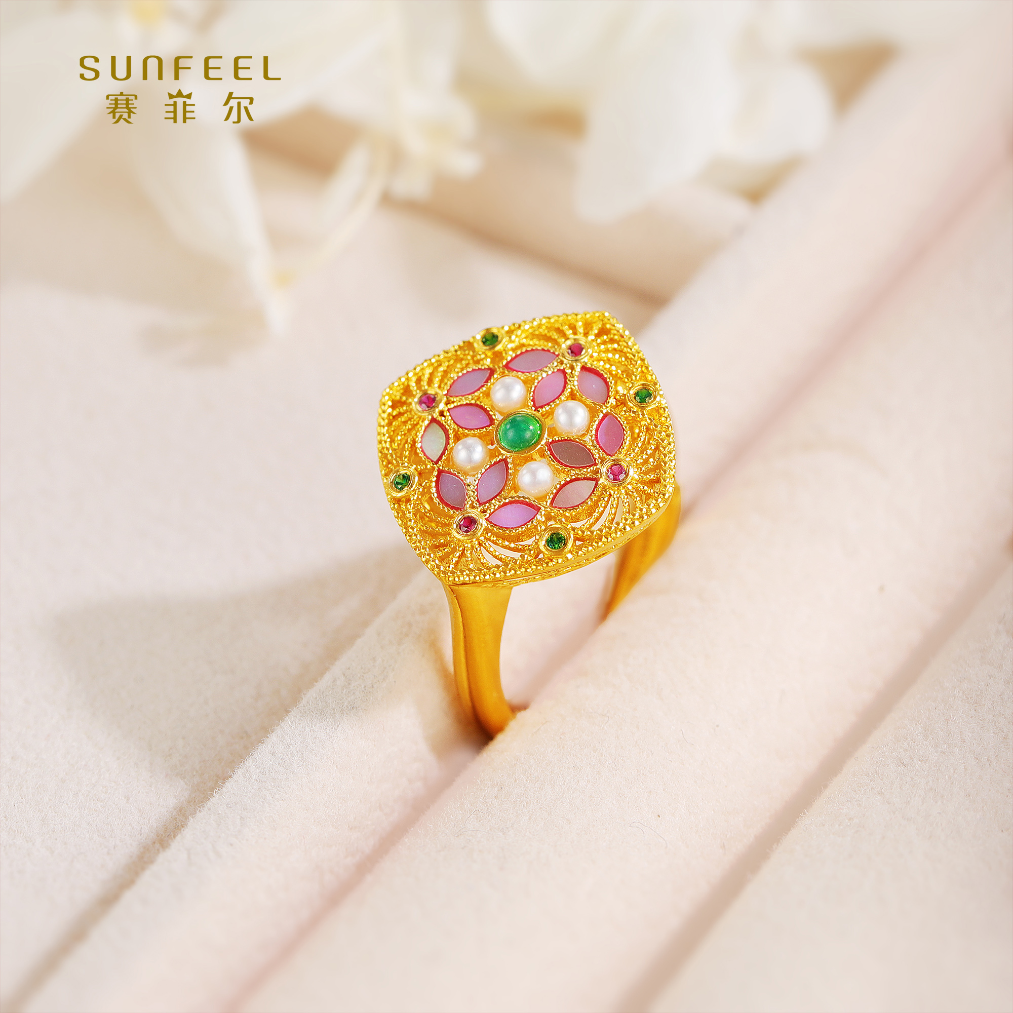 SUNFEEL/赛菲尔【授权店】足金古法菱形珍珠戒指-螺钿系列HJ010306