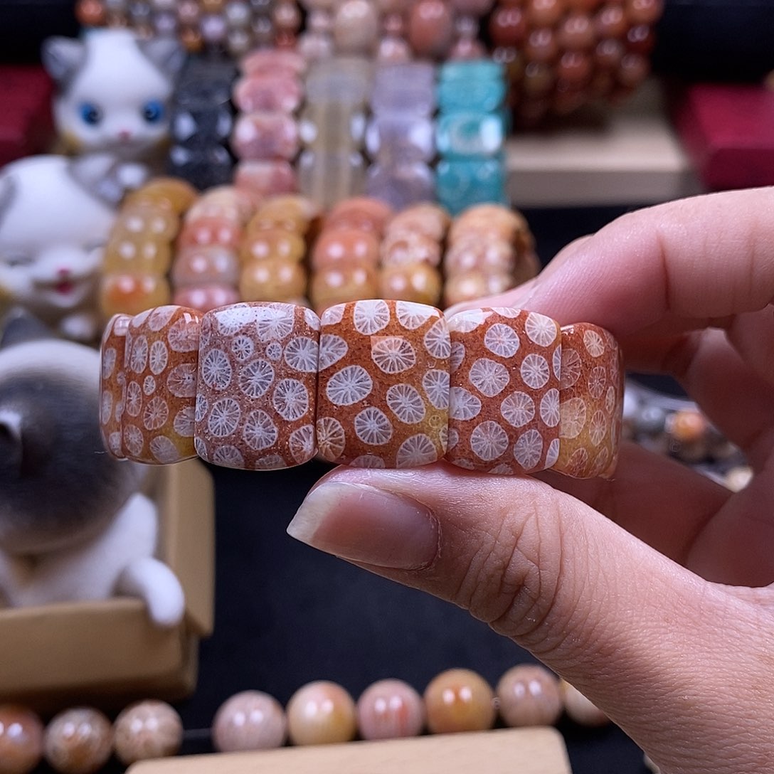 黑***户硅化珊瑚（珊瑚玉）手牌未镶嵌