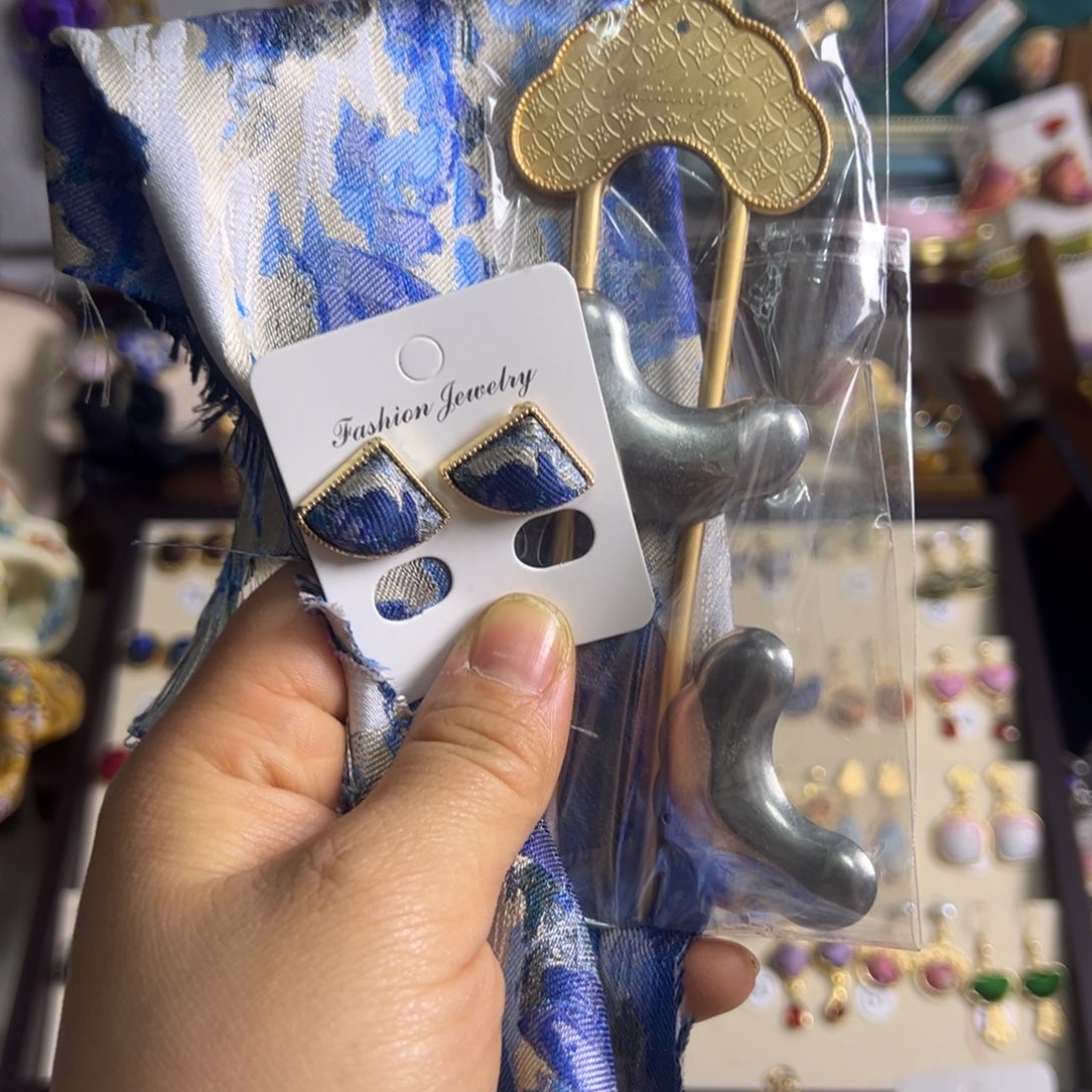 大理石磁石千山叠影簪子 扇形耳饰