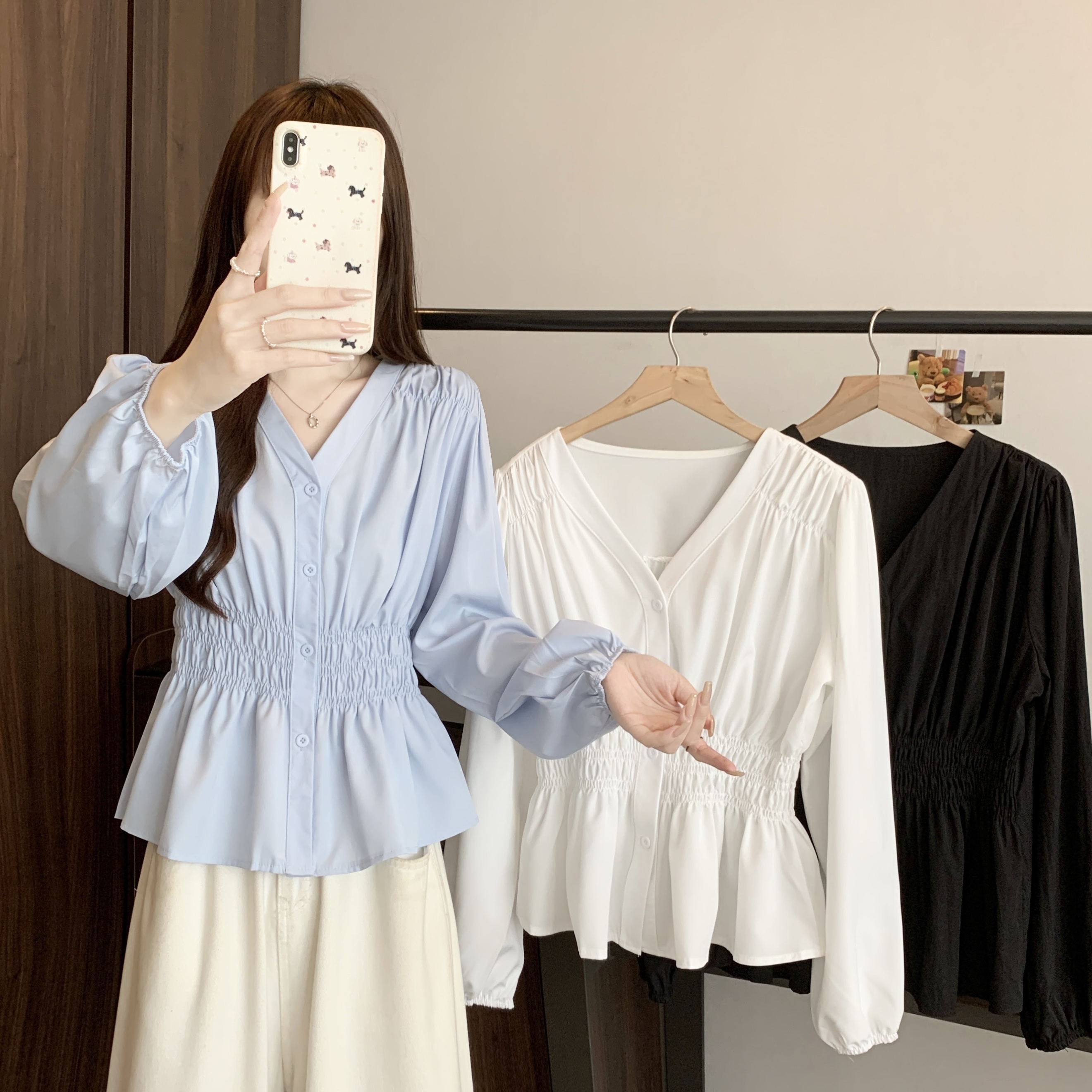 大码女装2025秋季新款褶皱V领纯色设计感收腰长袖衬衫2152