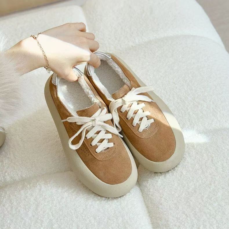 加绒加厚磨砂皮松糕厚底板鞋女2025年秋冬新款韩版休闲ins潮鞋