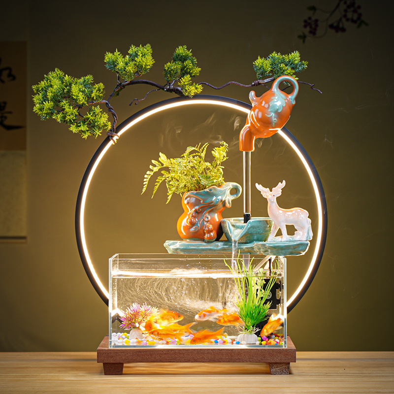 途锋家居国潮风乔迁新居流水摆件灯圈鱼缸悬壶新中式桌面客厅摆件