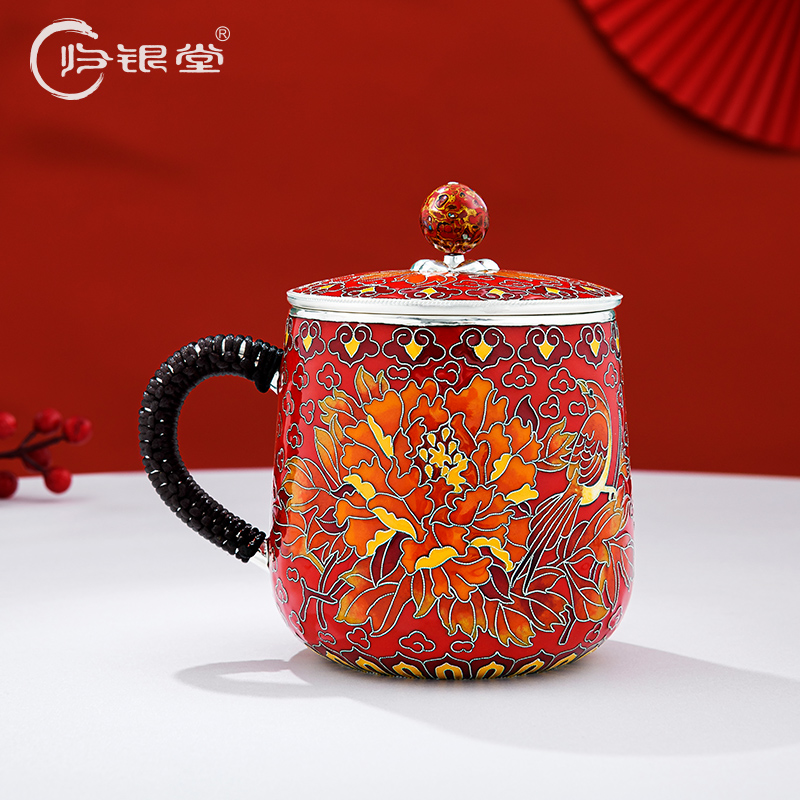 归银堂足银999茶杯景泰蓝喜鹊牡丹高档大容量茶缸杯GS-FCGB220801