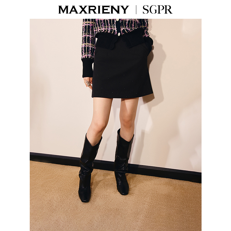 【商场同款】MAXRIENY静默复古风穿搭短裙25冬款烫钻A型包臀半裙