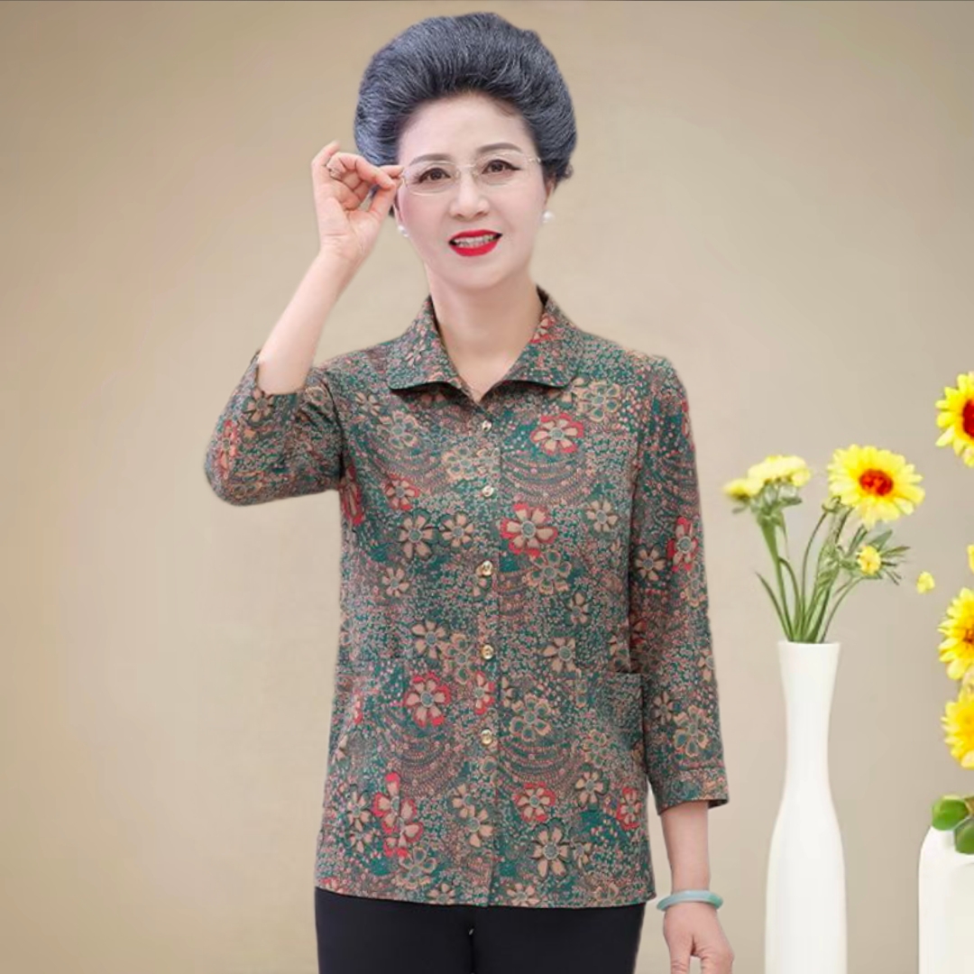 中老年人夏装衬衫女奶奶翻领七分袖休闲装套妈妈开衫老人太太衣服
